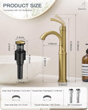 Gold Vessel Sink Faucet, Brass Tall Bathroom Sink Faucet One Hole with 1 Handle, Pop Up Drain