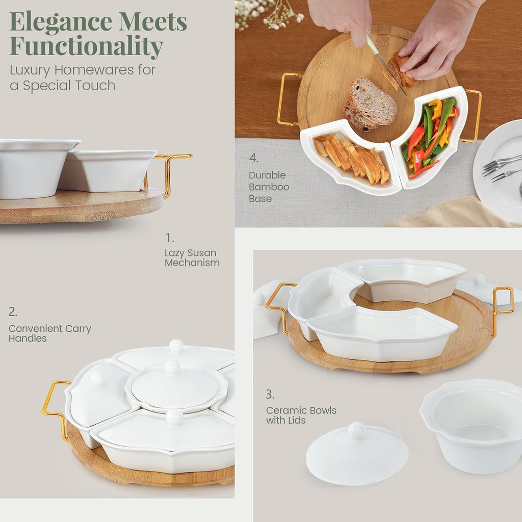 Party Serving Trays and Platters, Ceramic Lazy Susan Serving Tray with Divided Sections Appetizer Rotating Serving