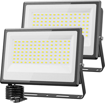 2 Pack 150W LED Flood Light Outdoor, 15000LM Super Bright Work Lights Plug in, 6500K, IP66 Waterproof Exterior