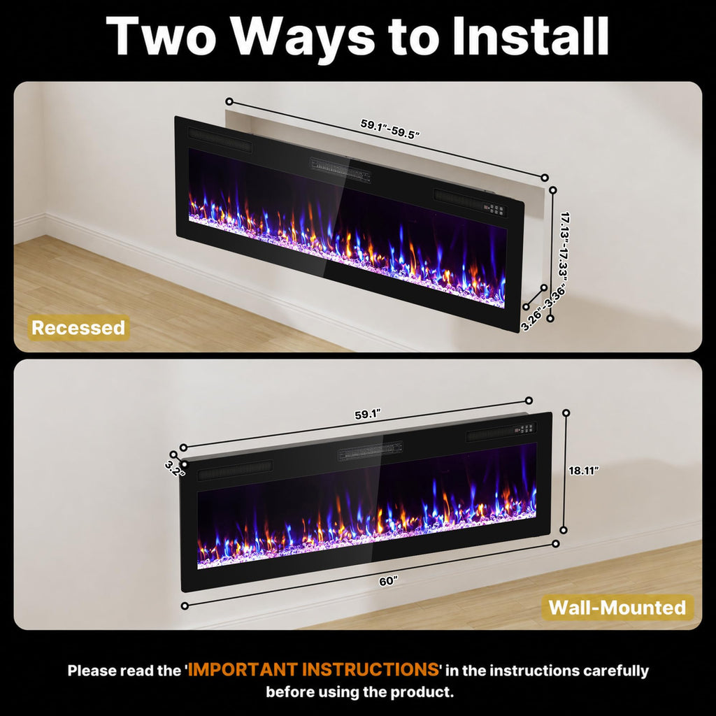 60" Ultra Thin Electric Fireplace Wall Mounted, Slim Fireplace Insert, Wall Fireplace /Bedroom w/Touch Screen, Remote