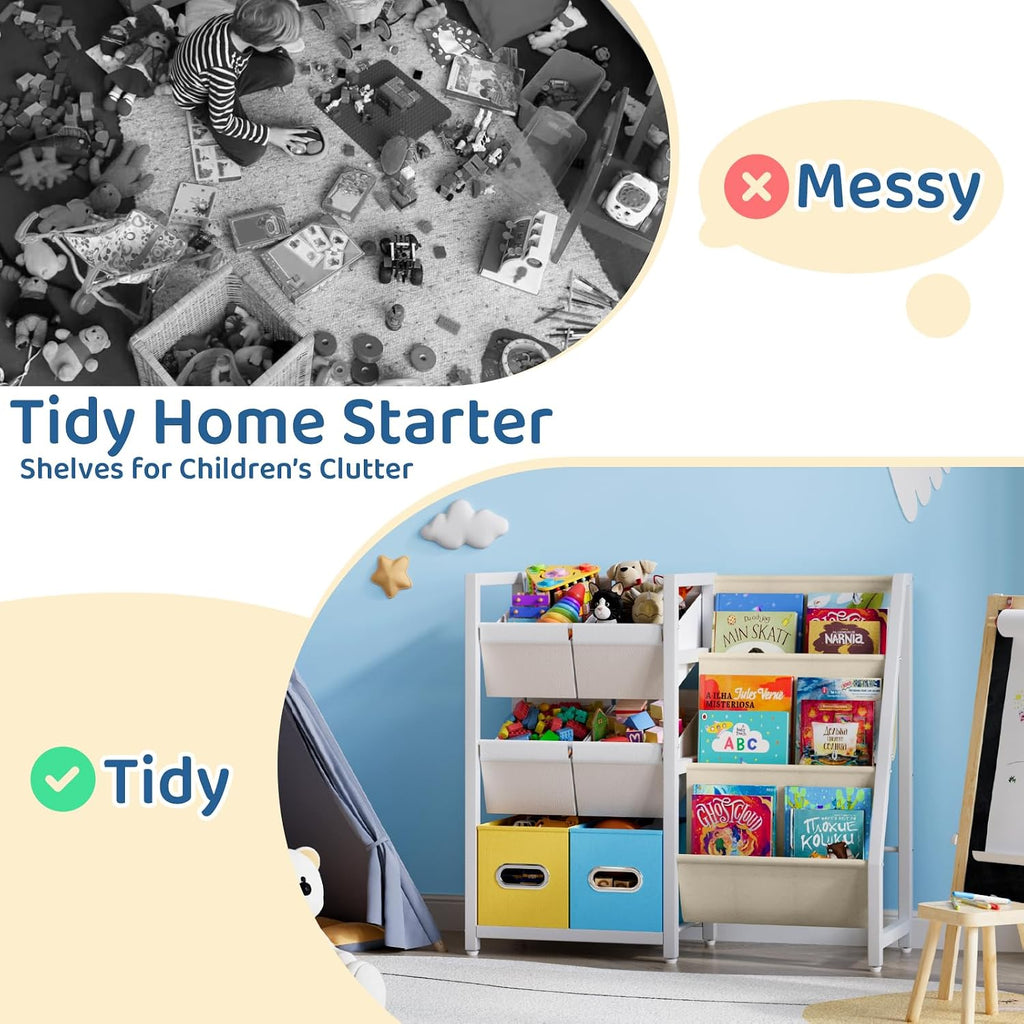 Kids Bookshelf Toy Storage Organizer, Toddler Baby Montessori | Montessori Toddler Book Rack With 3 Slings & 6 Toy