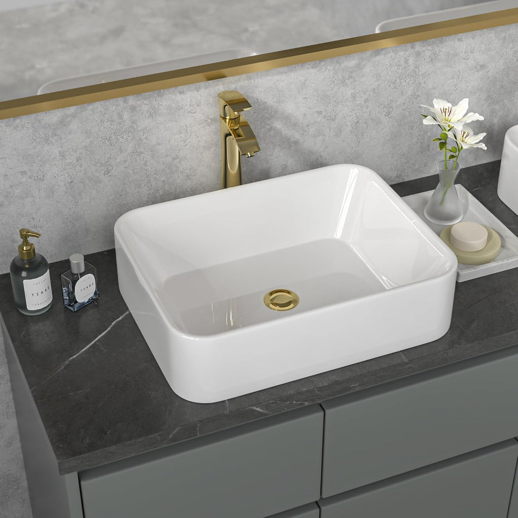 Vessel Sink Rectangular - 19"x15" White Bathroom Sink Rectangle Above Counter Porcelain Ceramic Bathroom Vessel