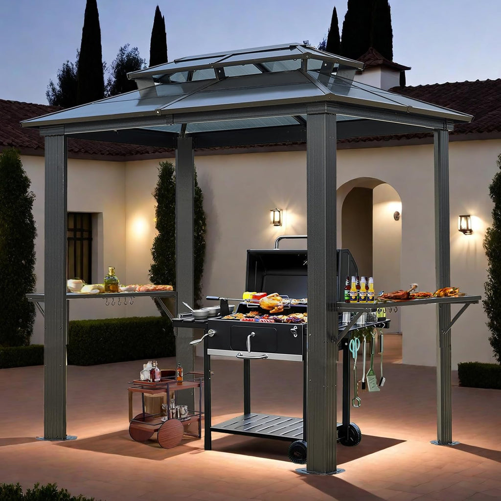 8' x 5' Hardtop Grill Gazebo with Double Roof, Polycarbonate Panels, Aluminum Frame & Galvanized Steel for Patio and Backyard