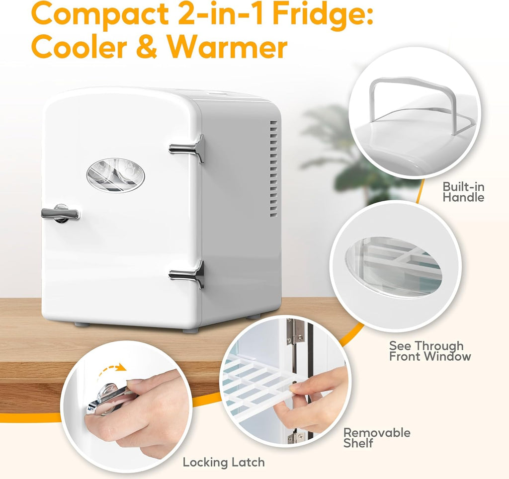 Mini Fridge, 6L/9 Can Skincare Beverage Small Refrigerator for Bedroom, Office, Dorm, Car, 100% Freon-Free Cooler and