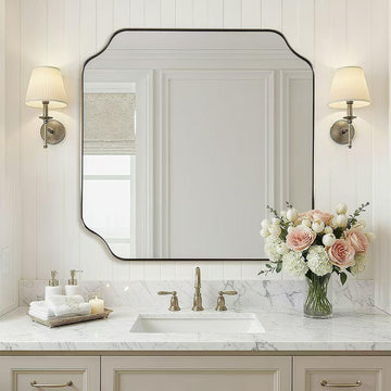 30"x30" Brushed Nickel Square Mirror, Silver Bathroom Mirror for Over Sink, Modern Scallop Mirror in Anti-Rust