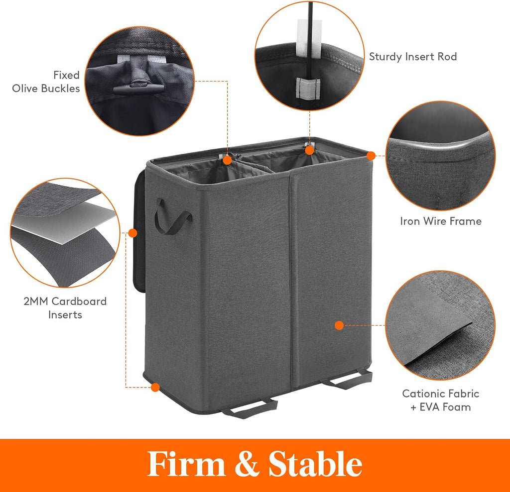 Double Laundry Hamper with Lid and Removable Laundry Bags, Large Collapsible 2 Dividers Dirty Clothes Basket with