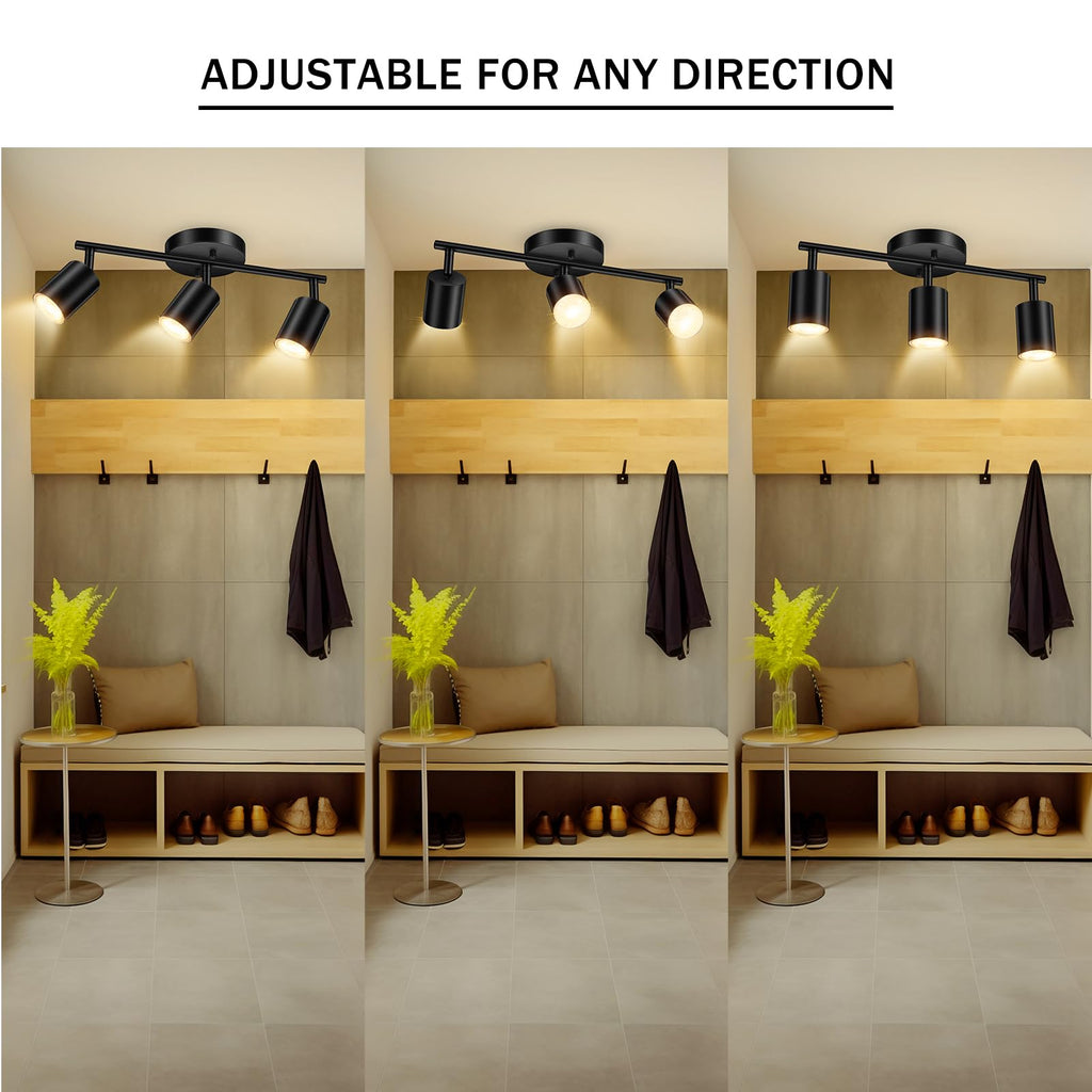 LED 3 Light Track Lighting Kit, Black 3 Way Ceiling Spot Lighting, Flexibly Rotatable Light Head, GU10 Bulb Not