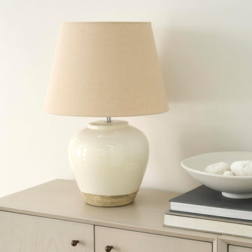 Home 20" Two-Tone White and Tan Glossy Ceramic Table Lamp, Bedside Nightstand Lamp with Warm Beige S