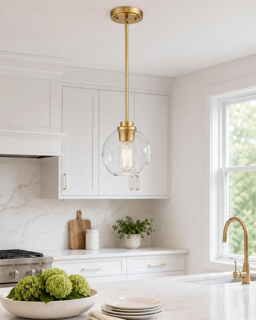 Brass Pendant Lights Kitchen Island 2 Pack, Farmhouse Gold Pendant Light with Clear Glass Globe Shade, Kitchen Island