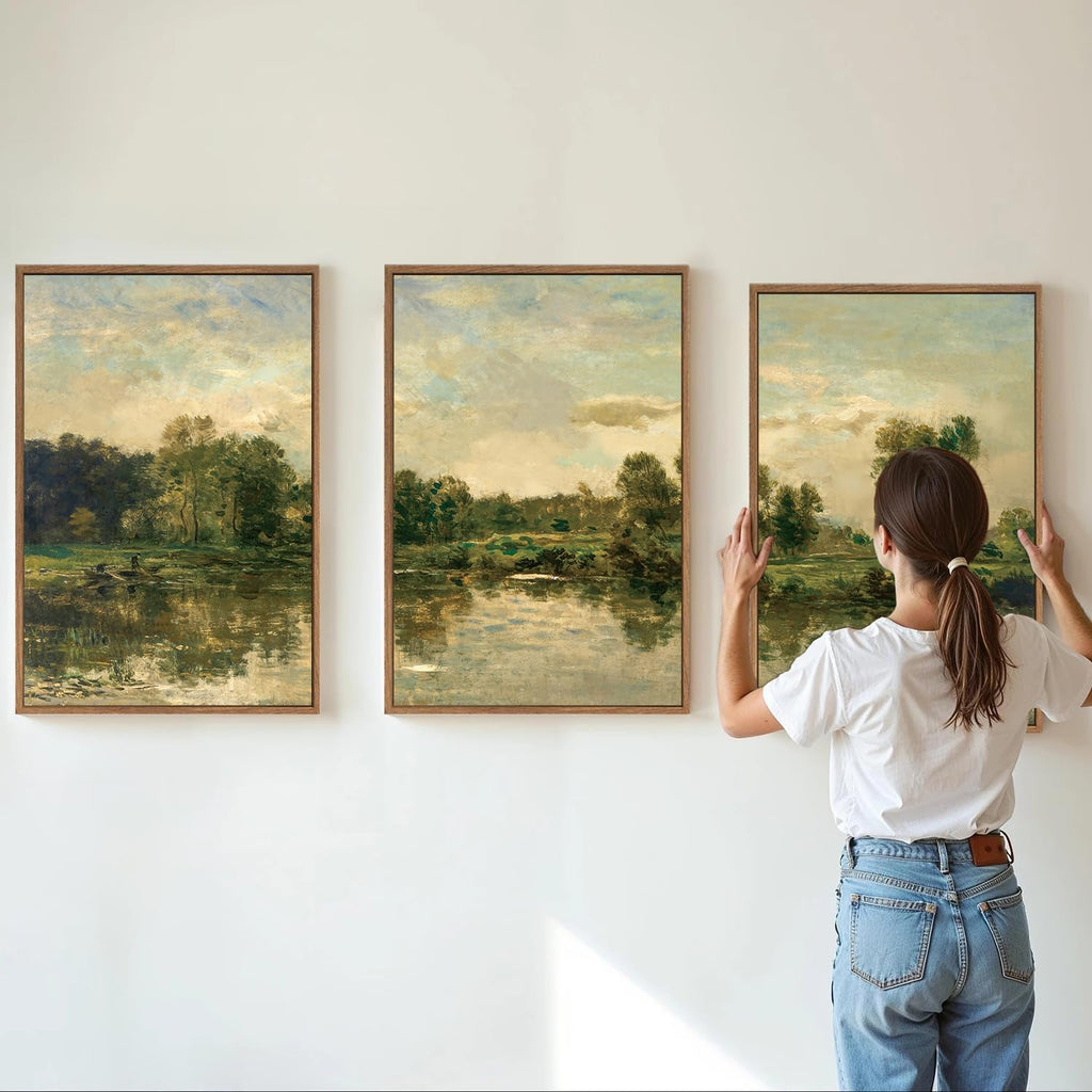 Vintage Landscape Framed Canvas Wall Art Set of 3, French Country Art Prints, Nature Green Trees and Lake Art