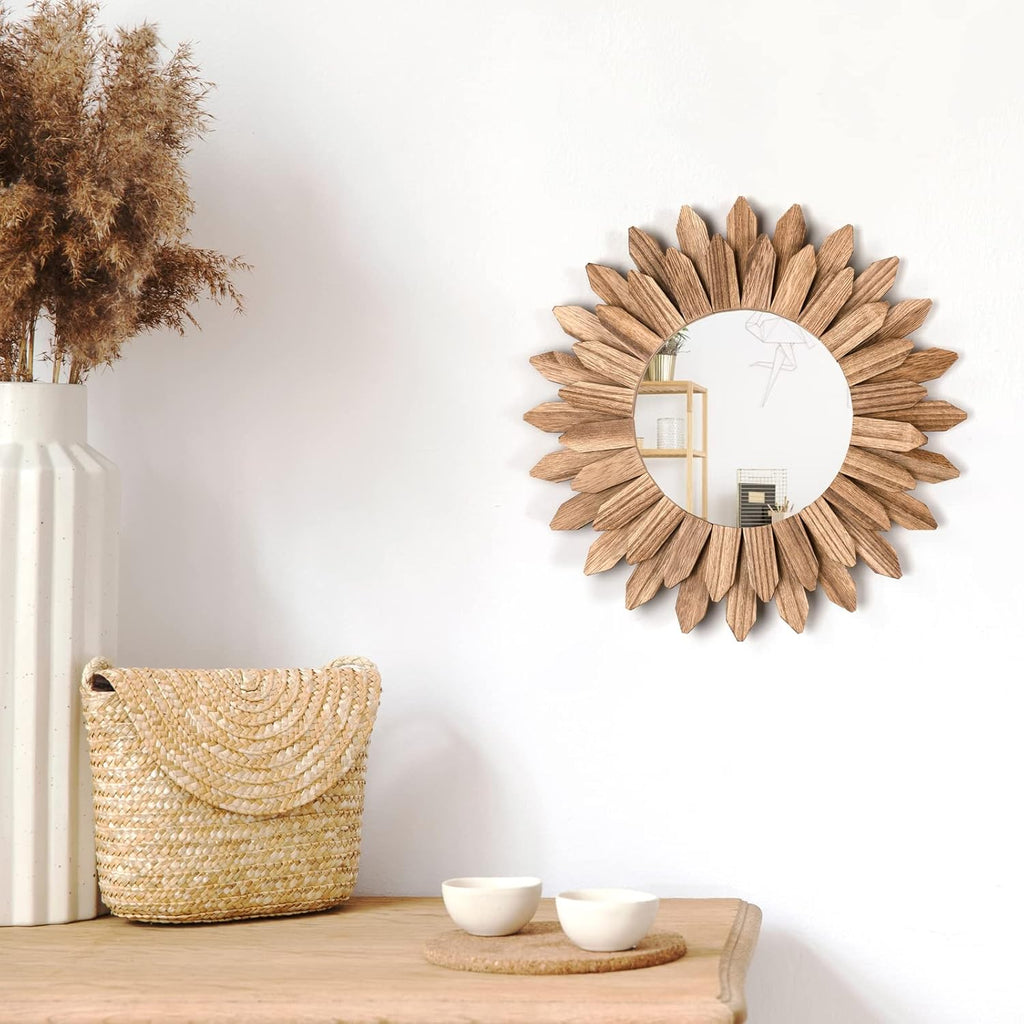 Wall Mirror Decorative 12 inch Rustic Wood Mirror Sunburst Boho Mirror Bedroom Living Room Bathroom House Warming