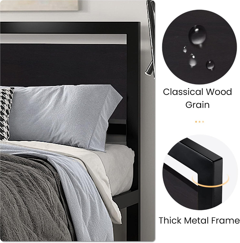 Queen Bed Frame with Modern Headboard, Heavy Duty Platform Metal Base with Square Footboard and 13 Strong Slats