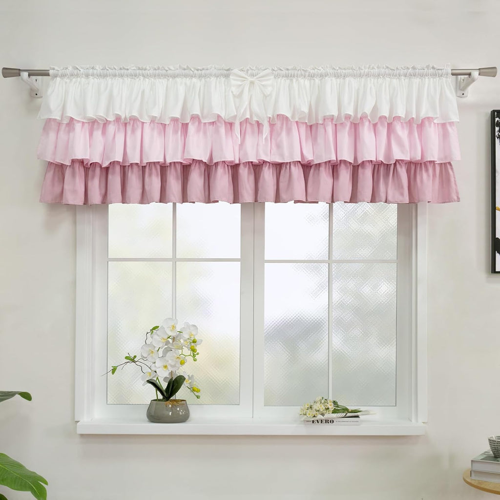 Ruffled Valance Farmhouse for Small Window White Pink Ombre 1PC