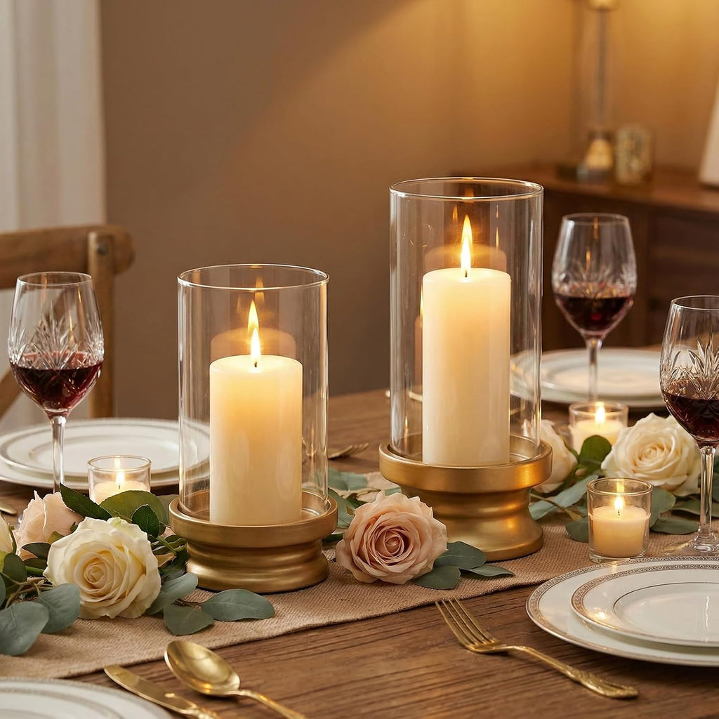 Gold Hurricane Candle Holders Set of 2 with Glass - Modern Pillar Candle Stands for Fireplace Mantel, Dining Table