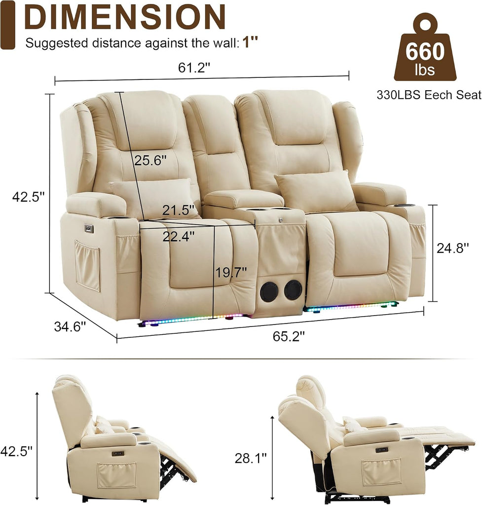 RV Power Loveseat Recliner Sofa, Leathaire Fabric Wall Hugger Reclining Loveseat with Console and Cup Holders