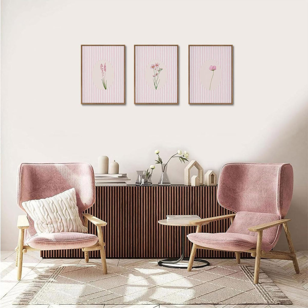 3 Piece Framed Wall Art Wildflowers Wall Decor Botanical Canvas Art Floral Pictures Stripe Paintings Pink Prints Boho