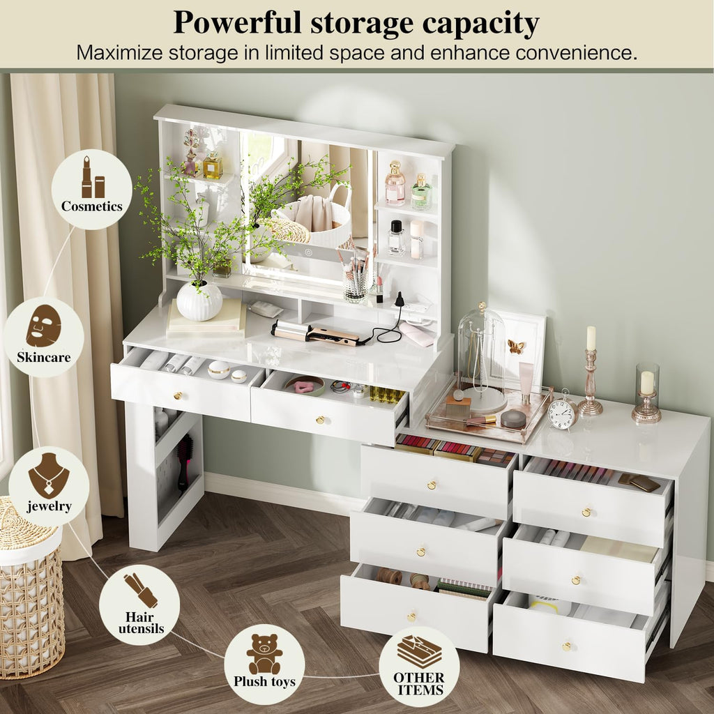 Makeup Vanity Desk with Mirror and Lights, Vanity Desk with 8 Drawers & Storage Shelves, Vanity Table with Power