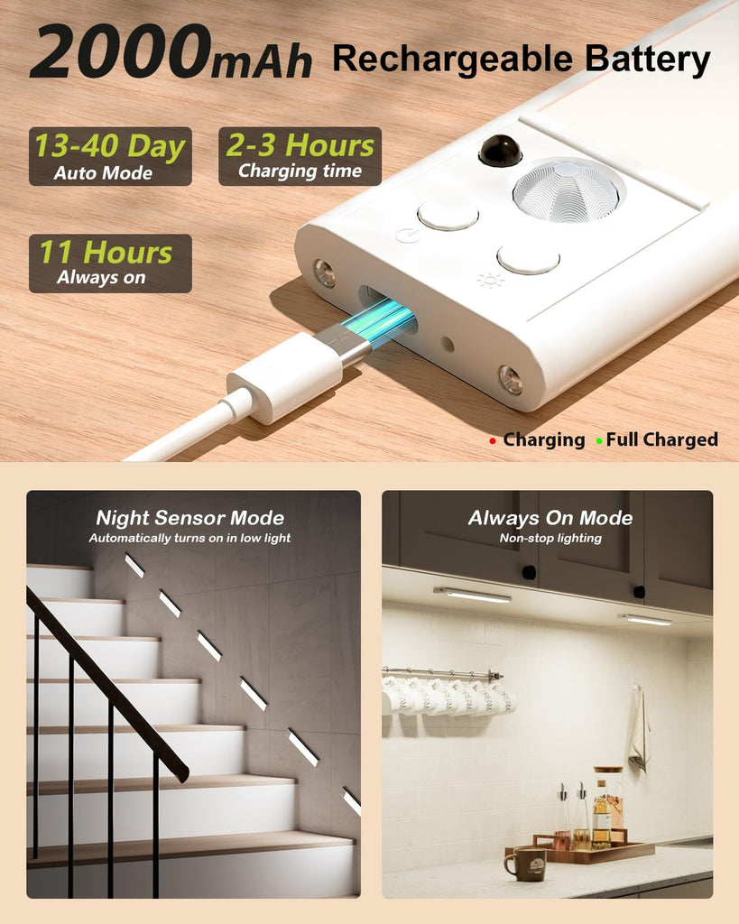 12'' Under Cabinet Lighting, with Remote Rechargeable Wireless Motion Sensor Lights Indoor 3 Color/5 Levels Dimmable