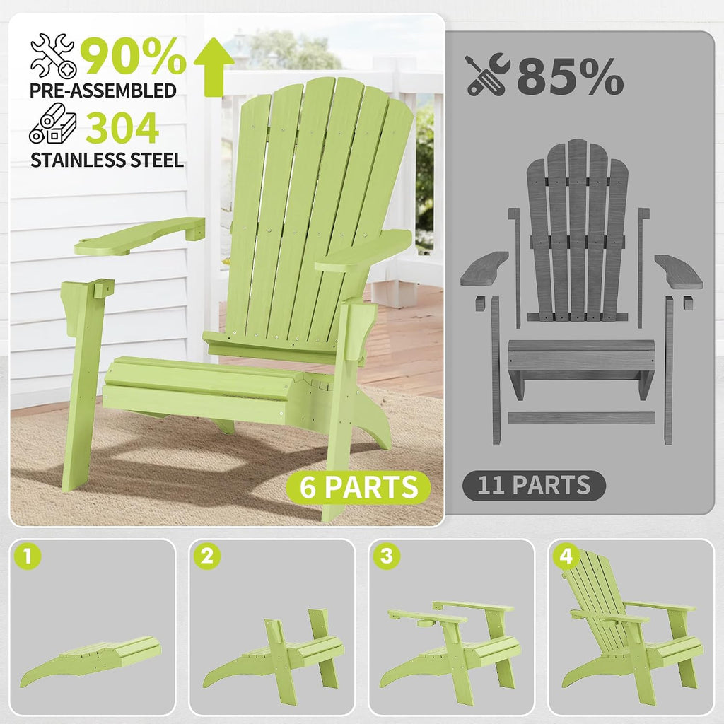 Adirondack Chairs with Cup Holder (1, Green) | Poly Lumber Patio Chairs, Blue 350Lbs Support, All Weather Patio