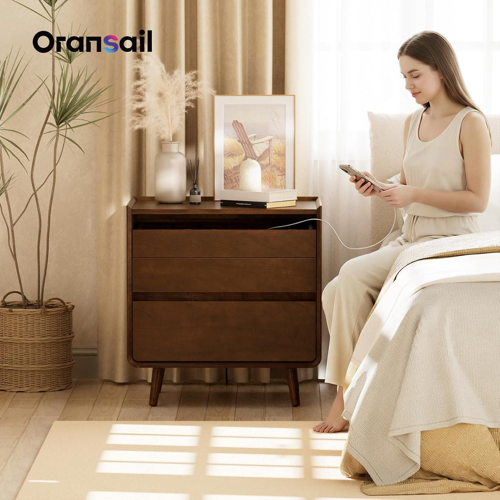25.43" Walnut Finish Nightstand with Charging Station Mid Century Modern Night Stand with Leg Wood Bedside Table with