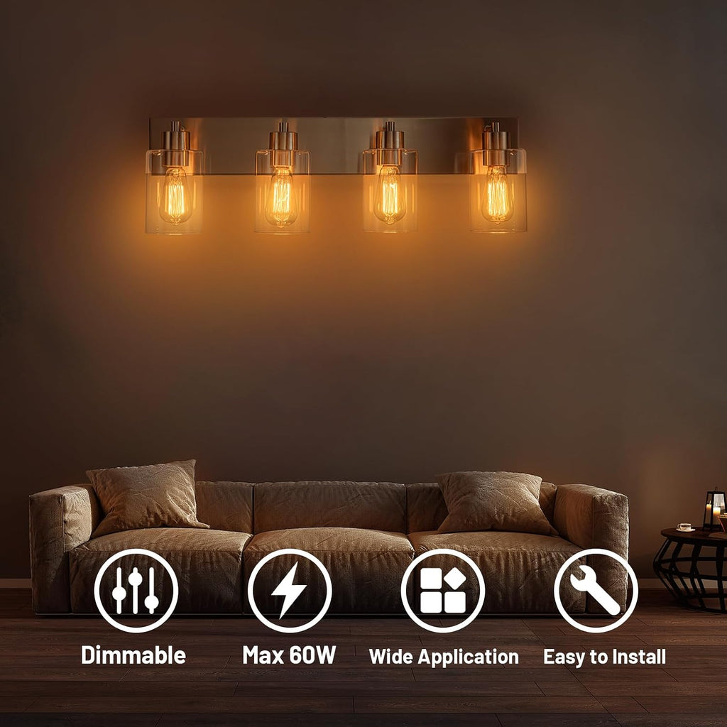 4-Light Bathroom Vanity Light Fixtures, Modern Bathroom Light Fixture with Clear Glass Brushed Nickel Finish Vanity