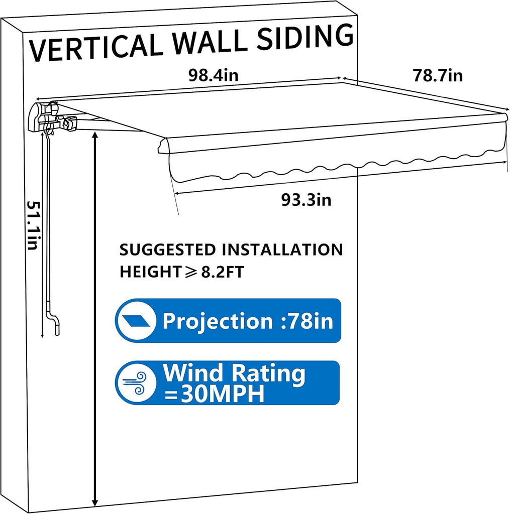 8'x7' Retractable Patio Awning Sun Shade Cover, Outdoor Shelter for Deck with Manual Crank, 78in Projection, Grey