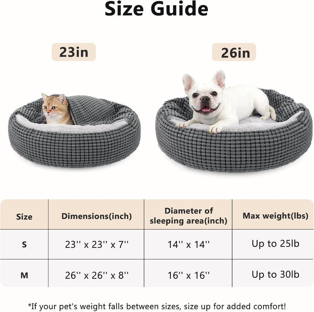 Small Dog Bed with Attached Blanket, Cozy Donut Cuddler Anti-Anxiety Hooded Pet Beds Calming Cave Bed. Orthopedic