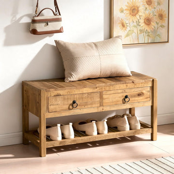 31.3" Reclaimed Solid Wood Entryway Bench with 2 Drawers & Shelf