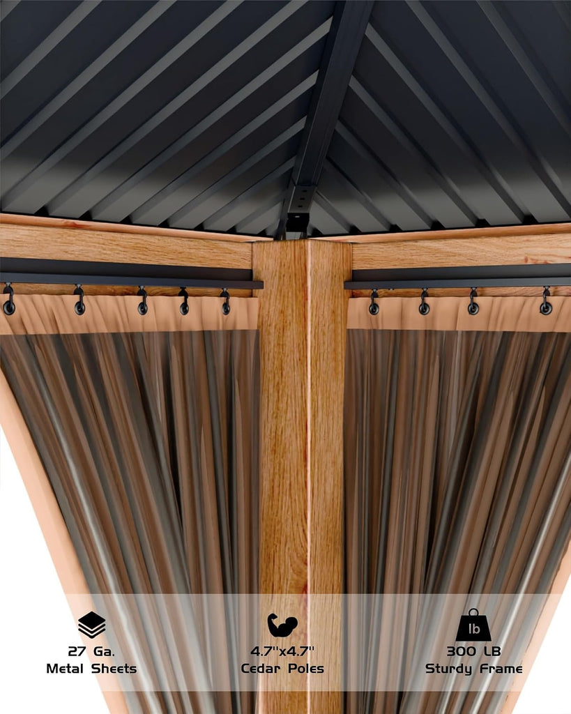 Hardtop Wood Gazebo 10 x 10 ft, with Double Metal Roof, Net, and Curtain, Permanent Building and Garden