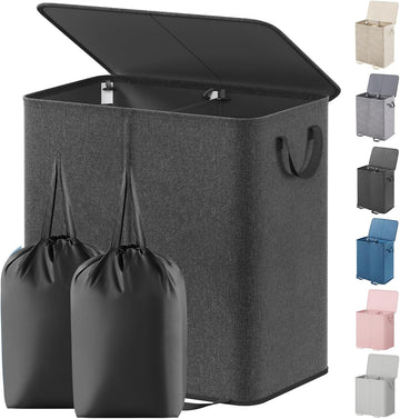 Double Laundry Hamper with Lid and Removable Laundry Bags, Large Collapsible 2 Dividers Dirty Clothes Basket with