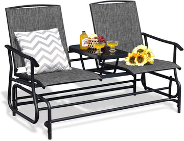 2 Person Outdoor Glider Bench w/Tempered Glass Table, Swing Patio Glider Chair with Steel Frame & Breathable Seat