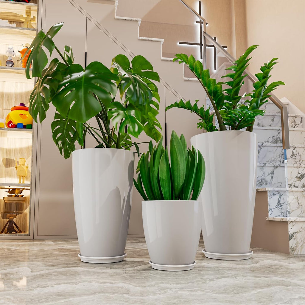 24,21,11 inch Large Planters with Drainage Hole & Saucer, Set of 3 Plant Pots Tall Planter for Indoor & Outdoor