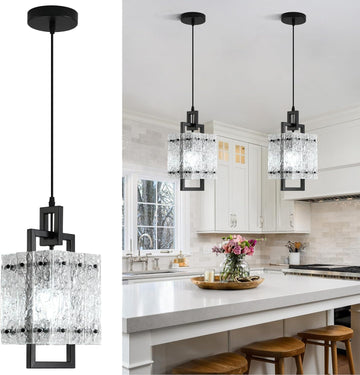 Black Pendant Light Fixtures Modern Pendant Lights Kitchen Island Water Ripple Glass Square Pendant Light Adjustable