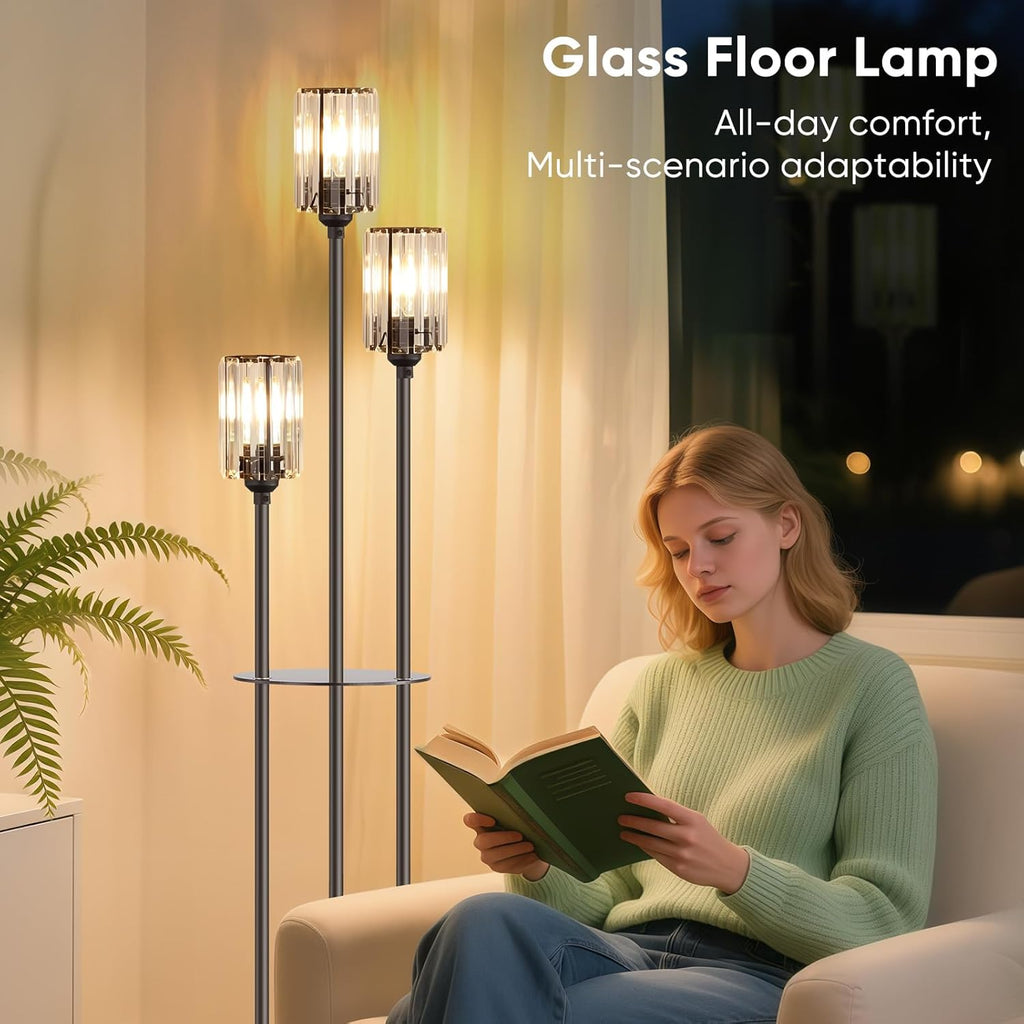 Crystal Floor Lamps, Glass Modern Floor Lamp with Shelves, Mid Century Standing Lamps with Table