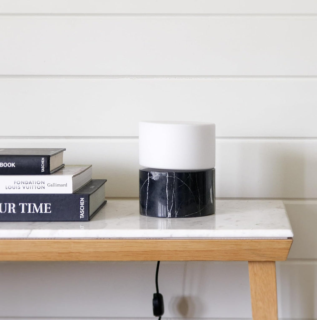 Zigzag Desk Lamp - Small Dimmable LED Black Marble Table Lamp, Rotatable Frosted Glass Shade