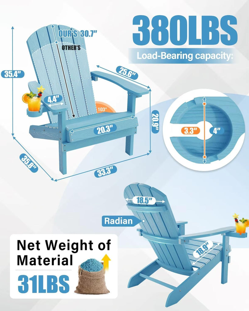 Adirondack Chair with Cup Holder, All-Weather Outdoor Chair, Blue | HIPS Plastic Fire Pit Chair with Wood Texture