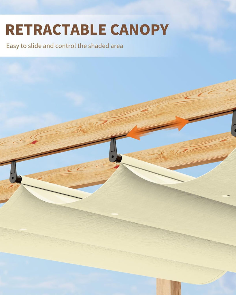 10x13 Ft Outdoor Pergola with Retractable Canopy Aluminum Gazebo Imitation Wood-Grain Post with Side Mesh