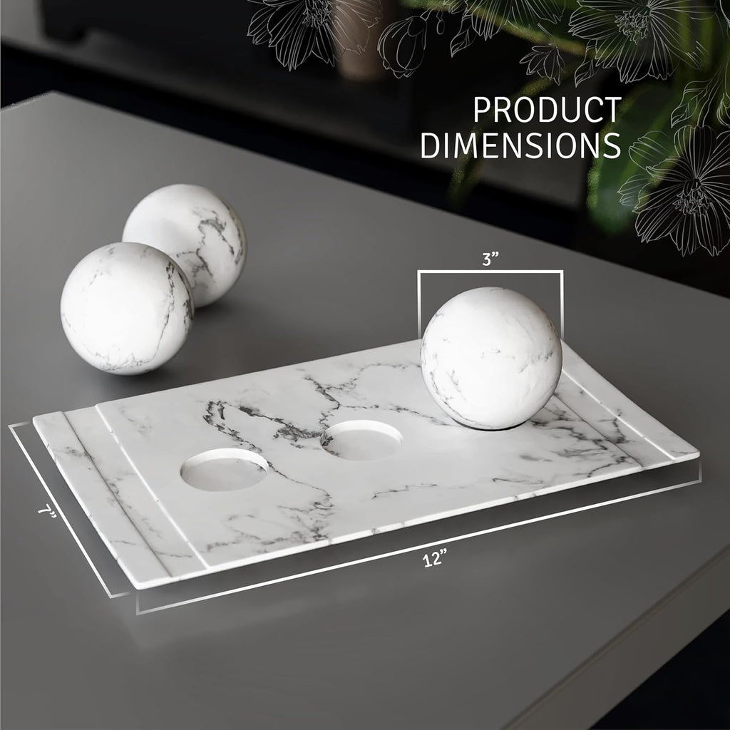 White Marble Look Home Decor Tray and Orb Set Coffee Table Decor Centerpiece Table Decorations for Dining Table
