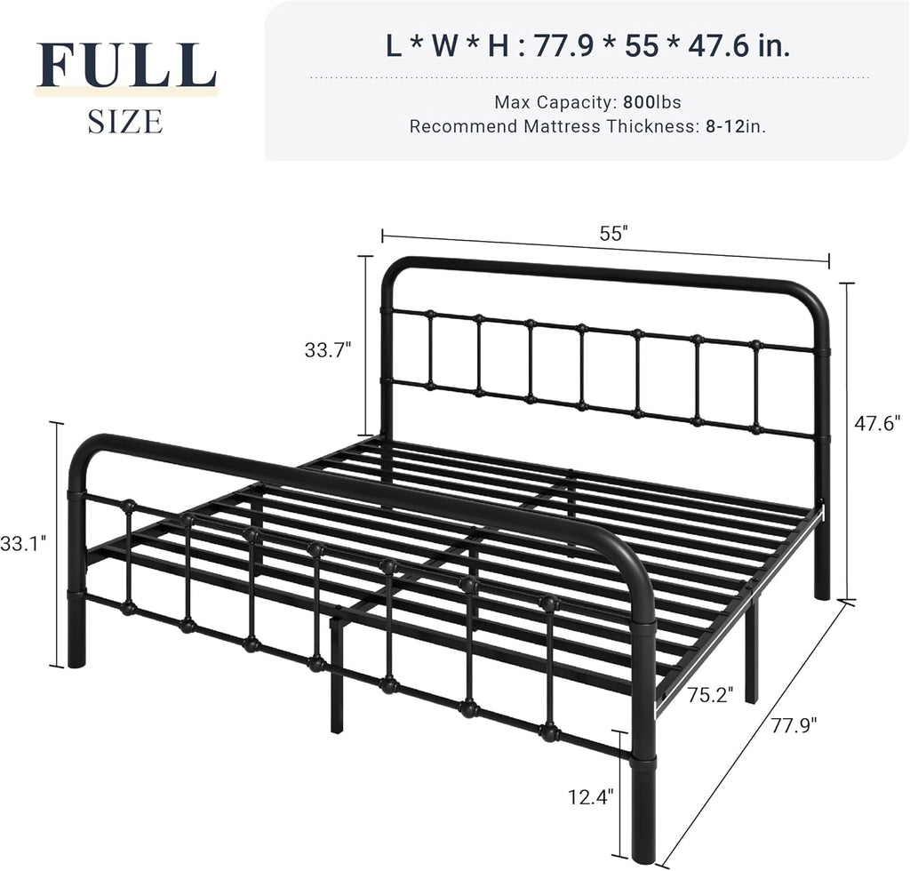 Full Metal Platform Bed Frame with Victorian Style Wrought Iron-Art Headboard/Footboard, No Box Spring Required, Black