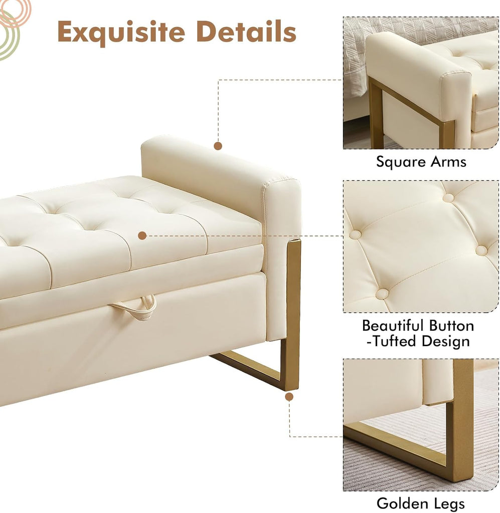 67" Storage Bench End of Bed King Size, Light Cream | Double Lids, Upholstered Faux Leather Storage Bench with Golden