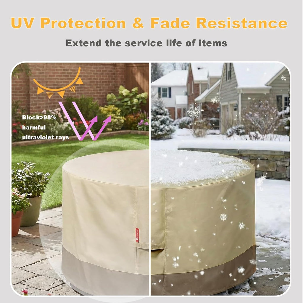 Round 44 Inch Fire Pit Cover - Waterproof 600D Heavy Duty - Fits 40-44 Inch Outdoor Fire Pit Tables - Beige