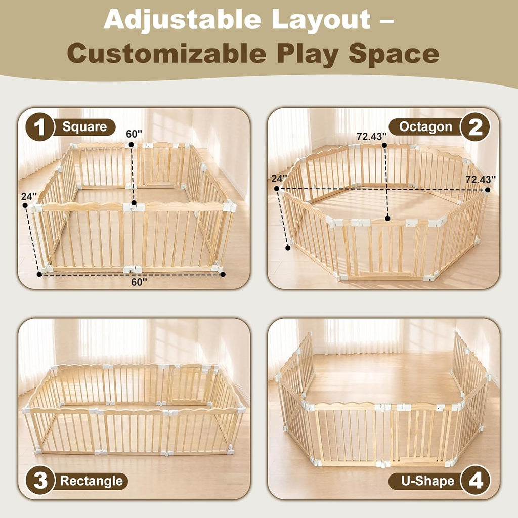 Foldable Wooden Baby Playpen, Pre-Assembled Pine Wood Play Pen, 60x60x24in | Adjustable Shape & Size Large Baby Fence