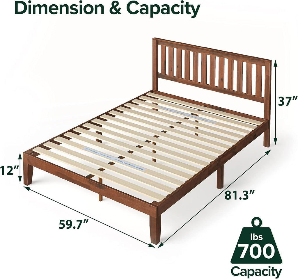 Wood Platform Bed Frame with Headboard, Solid Wood Foundation with Wood Slat Support, No Box Spring Needed