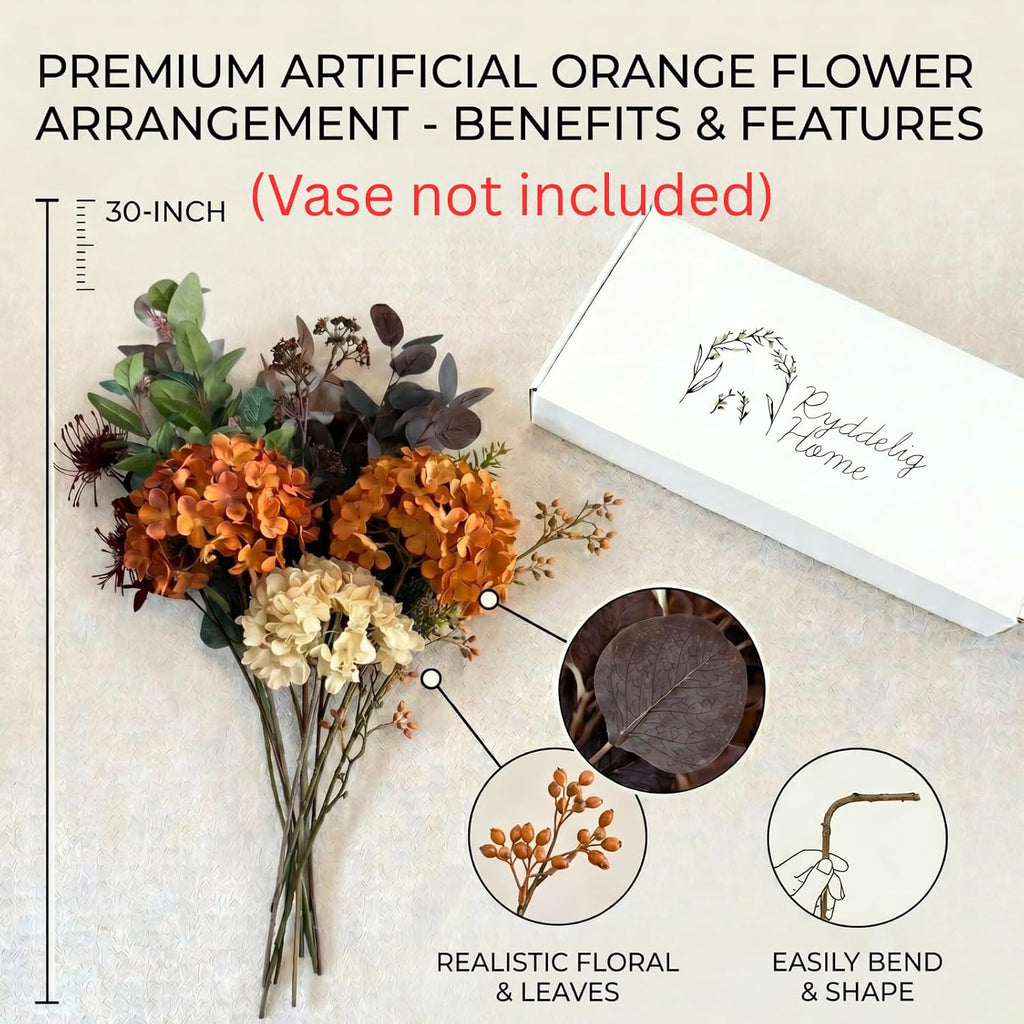 Faux Arrangement - Burnt Orange Hydrangea & Eucalyptus Stems, Fall Centerpieces for Tables, Large Floral Arrangement