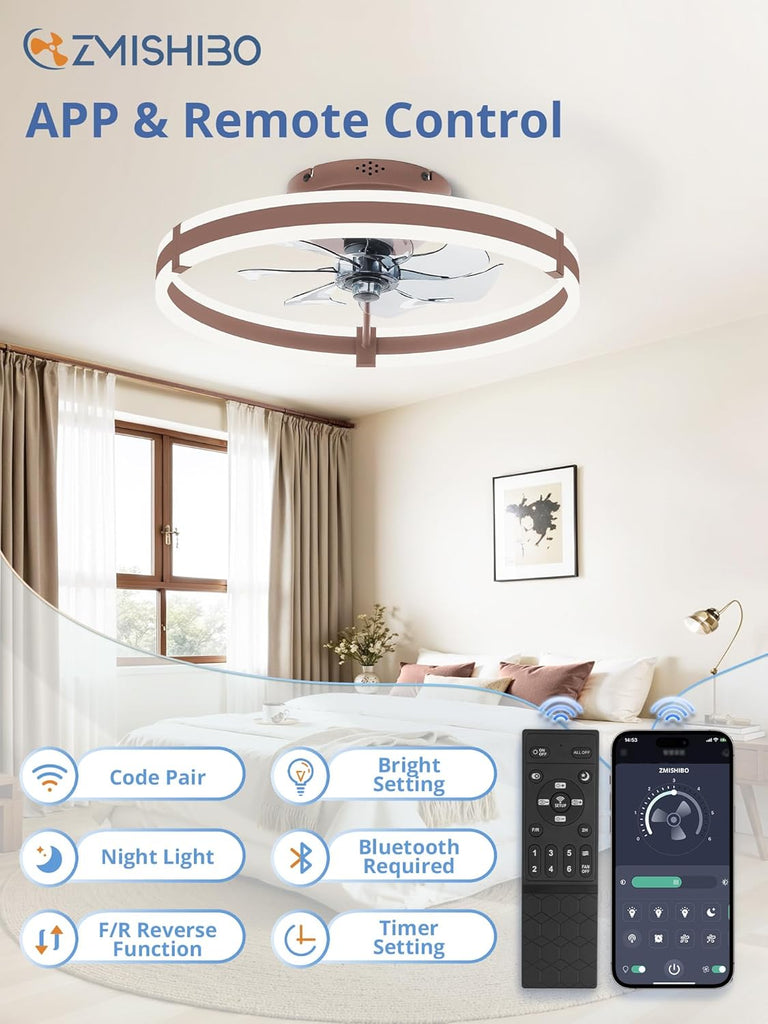 Ceiling Fans with Lights and Remote, 19.7'' Low Profile Ceiling Fan, 3000-6000K Dimmable Modern Flush Mount LED Fan Light, 6 Wind Speeds, Brown Fandelier Ceiling Fans for Bedroom