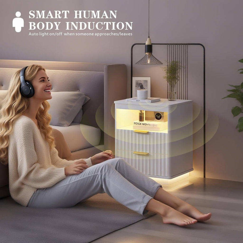 Nightstand Set 2 with LED Light & Charging Station, White | 2 Drawers, Open storage space, Smart Bedside Table, Human