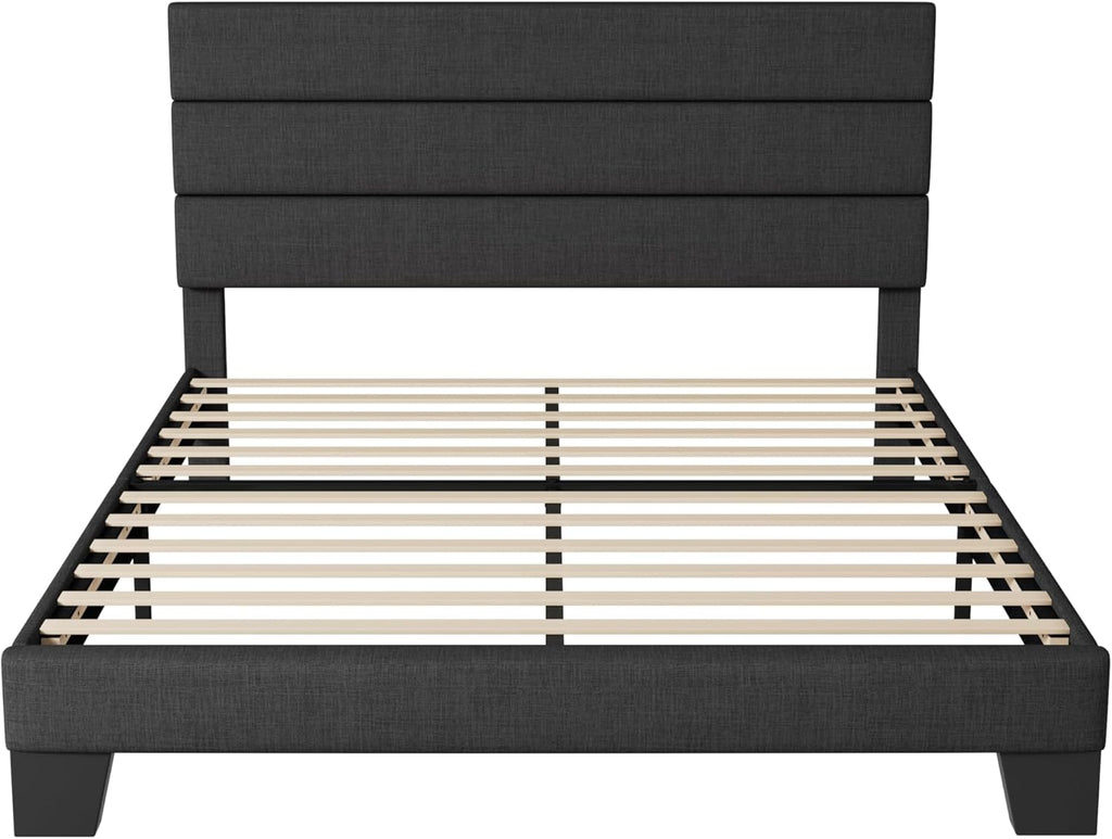 Full Platform Bed Frame with Fabric Upholstered Headboard and Wooden Slats Support