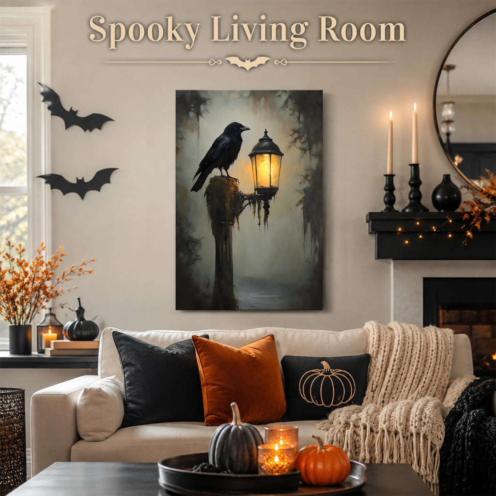 Framed Halloween Raven Canvas Wall Art Gothic Bird with Lantern Artwork, Vintage Dark Canvas Prints Wall Decor