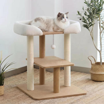 Modern Wooden Cat Tree Tower with Extra Large Platform, Perch Sofa Couch Bed for Maine Coon, Window View Design