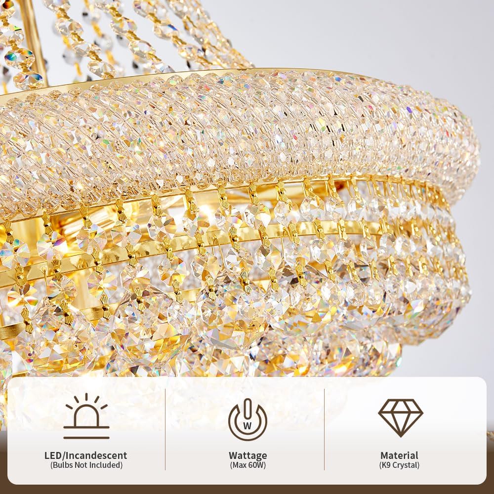 Large Gold Crystal Chandelier Light - Diameter 31.5", 3 Layers Ceiling Haning Chandeliers, Pendant Lighting for Living Room, Dining Room, Foyer